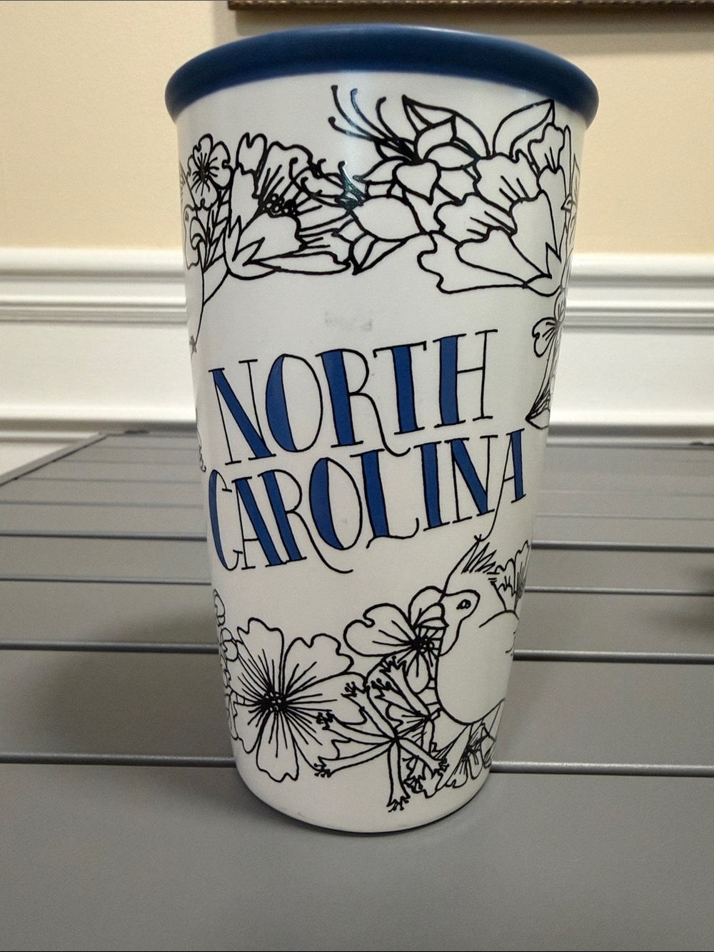 Starbucks North Carolina Birds Travel Mug Cream Blue 12oz Floral Tumbler, No Lid